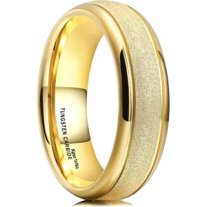 King Will 8mm Mens Tungsten Wedding Band Gorgeous Golden/Silver/Brown Flat Pipe Cut Carbide Ring Yellow/White/Mocha Green Sand Inlay Men’s Engagement Ring Matte Brushed Finish Comfort Fit Size 7-14(Gold Sandblasted-6mm)