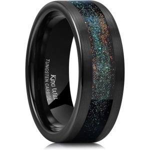 King Will 8mm Mens Tungsten Wedding Band Gorgeous Golden/Silver/Brown Flat Pipe Cut Carbide Ring Yellow/White/Mocha Green Sand Inlay Men’s Engagement Ring Matte Brushed Finish Comfort Fit Size 7-14(Black-Green Orange Sand Inlay)