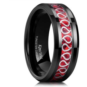 King Will 8mm Men’s Tungsten Wedding Band Masonic Compass Square Free Mason Ring/Irish Claddagh/Spider/Opal Sticker Inlay Skull Cashew Flower Gold Chain Silver Engagement Ring Beveled Polished Edge(Cashew Flower Opal Sticker Inlay-Red)