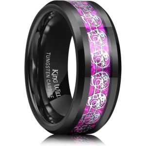 King Will 8mm Men’s Tungsten Wedding Band Masonic Compass Square Free Mason Ring/Irish Claddagh/Spider/Opal Sticker Inlay Skull Cashew Flower Gold Chain Silver Engagement Ring Beveled Polished Edge(Skull Sticker & Purple Opal)