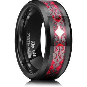 King Will 8mm Men’s Tungsten Wedding Band Masonic Compass Square Free Mason Ring/Irish Claddagh/Spider/Opal Sticker Inlay Skull Cashew Flower Gold Chain Silver Engagement Ring Beveled Polished Edge(Palace Sticker & Red Opal)