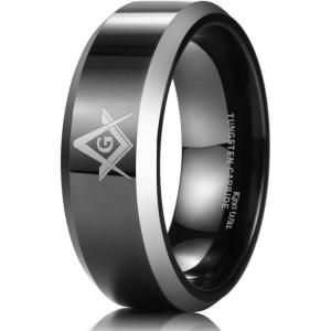 King Will 8mm Men’s Tungsten Wedding Band Masonic Compass Square Free Mason Ring/Irish Claddagh/Spider/Opal Sticker Inlay Skull Cashew Flower Gold Chain Silver Engagement Ring Beveled Polished Edge(Masonic Compass)