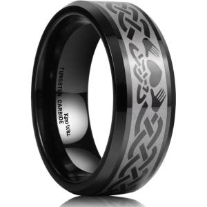 King Will 8mm Men’s Tungsten Wedding Band Masonic Compass Square Free Mason Ring/Irish Claddagh/Spider/Opal Sticker Inlay Skull Cashew Flower Gold Chain Silver Engagement Ring Beveled Polished Edge(Irish Claddagh)