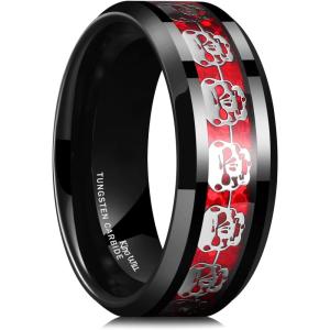 King Will 8mm Men’s Tungsten Wedding Band Masonic Compass Square Free Mason Ring/Irish Claddagh/Spider/Opal Sticker Inlay Skull Cashew Flower Gold Chain Silver Engagement Ring Beveled Polished Edge(Skull Opal Sticker Inlay-Red)