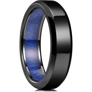 King Will 8mm Silver Black Titanium Ring Inlaid Wood Inner Hole Wedding Band for Men High Polished Beveled Edge Comfort Fit Size 7-14(Black 6mm Blue Maple Wood)