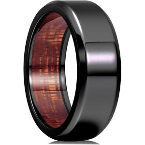 King Will 8mm Silver Black Titanium Ring Inlaid Wood Inner Hole Wedding Band for Men High Polished Beveled Edge Comfort Fit Size 7-14(Black 8mm)