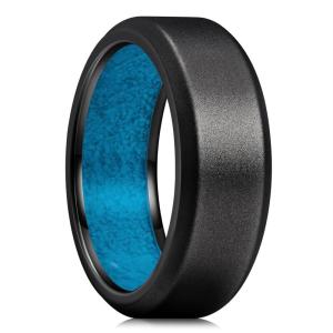King Will 8mm Silver Black Titanium Ring Inlaid Wood Inner Hole Wedding Band for Men High Polished Beveled Edge Comfort Fit Size 7-14(Black 8mm Blue Crushed Stone)