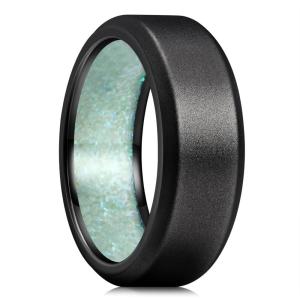 King Will 8mm Silver Black Titanium Ring Inlaid Wood Inner Hole Wedding Band for Men High Polished Beveled Edge Comfort Fit Size 7-14(Black 8mm Green Crushed Opal)