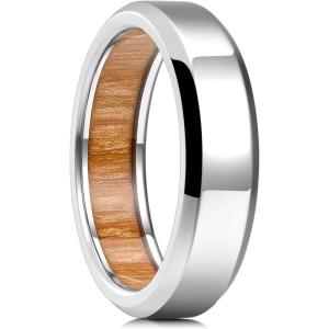 King Will 8mm Silver Black Titanium Ring Inlaid Wood Inner Hole Wedding Band for Men High Polished Beveled Edge Comfort Fit Size 7-14(Silver 6mm Raw Wood)