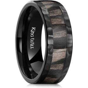King Will 8mm Silver Hammered Titanium Ring Center Inlaid Wood Wedding Band for Men Hammered Wood Titanium Rings Polish Comfort Fit(8mm Black Inlaid Wood)