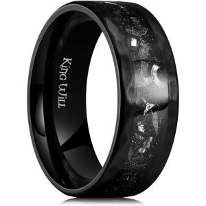 King Will 8mm Silver Hammered Titanium Ring Center Inlaid Wood Wedding Band for Men Hammered Wood Titanium Rings Polish Comfort Fit(8mm Black Plated Hammered)