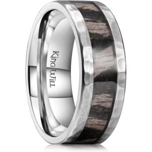 King Will 8mm Silver Hammered Titanium Ring Center Inlaid Wood Wedding Band for Men Hammered Wood Titanium Rings Polish Comfort Fit(8mm White Inlaid Wood)