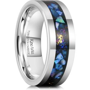 King Will 8mm Silver Hammered Titanium Ring Center Inlaid Wood Wedding Band for Men Hammered Wood Titanium Rings Polish Comfort Fit(Blue)