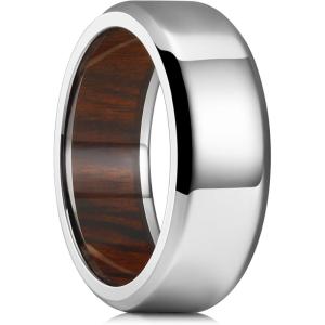 King Will 8mm Silver Titanium Ring Inlaid Wood Inner Hole Wedding Band for Men High Polished Beveled Edge Comfort Fit Size 13