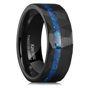 King Will 8mm Tungsten Carbide Opal Rings For Men Black Wedding Band Blue Opal Inlay Brushed Hammered Promise Rings Comfort Fit Size 7-14(Black)