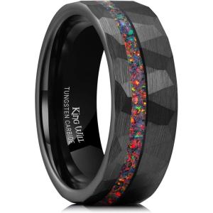 King Will 8mm Tungsten Carbide Opal Rings For Men Black Wedding Band Blue Opal Inlay Brushed Hammered Promise Rings Comfort Fit Size 7-14(Black&Brown)