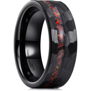 King Will 8mm Tungsten Carbide Opal Rings For Men Black Wedding Band Blue Opal Inlay Brushed Hammered Promise Rings Comfort Fit Size 7-14(Black&Red)