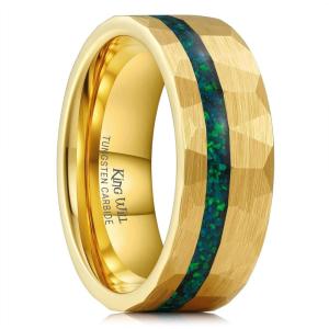 King Will 8mm Tungsten Carbide Opal Rings For Men Black Wedding Band Blue Opal Inlay Brushed Hammered Promise Rings Comfort Fit Size 7-14(Gold)