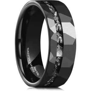 King Will 8mm Tungsten Carbide Opal Rings For Men Black Wedding Band Blue Opal Inlay Brushed Hammered Promise Rings Comfort Fit Size 7-14(black pipe cut)