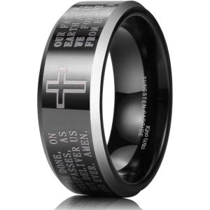 King Will 8mm Tungsten Rings for Men Lord’s Prayer Engraved Mens Cross Ring Vintage Religious Band Polished Brushed(Black)
