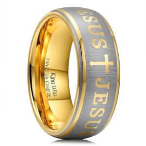 King Will 8mm Tungsten Rings for Men Lord’s Prayer Engraved Mens Cross Ring Vintage Religious Band Polished Brushed(Gold – Cross Runes Engraved)