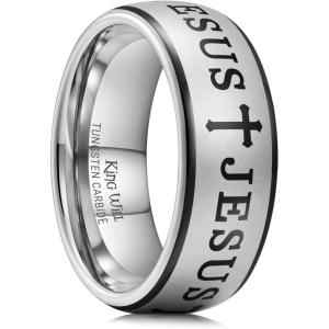 King Will 8mm Tungsten Rings for Men Lord’s Prayer Engraved Mens Cross Ring Vintage Religious Band Polished Brushed(Silver – Cross Runes Engraved)