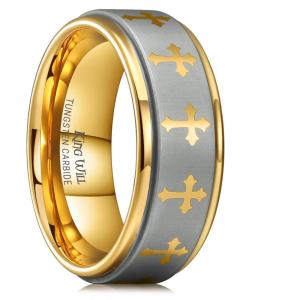 King Will 8mm Tungsten Rings for Men Lord’s Prayer Engraved Mens Cross Ring Vintage Religious Band Polished Brushed(Silver & Gold)