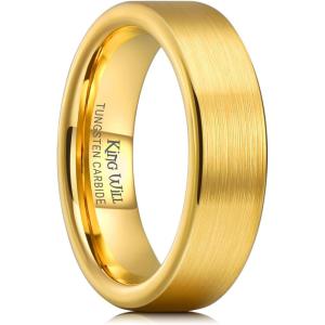 King Will Basic Gold/Rose Gold/Brown Plated Tungsten Wedding Band for Men/Women, 2mm/4mm/6mm/8mm/10mm/12mm Width Band Rings, Pipe Cut Matte Brushed Finish Cigar Band Ring Comfort Fit(Gold-6mm)