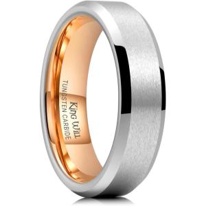 King Will Basic Unisex Silver/Black/Blue/Rose Gold/Gold/Purple Tungsten Carbide Matte Polished Finish Wedding Beveled Edge Engagement Band Ring for Men Women(6mm Silver & Rose Gold)