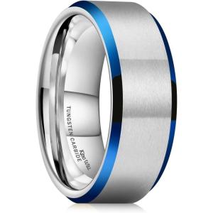 King Will Basic Unisex Silver/Black/Blue/Rose Gold/Gold/Purple Tungsten Carbide Matte Polished Finish Wedding Beveled Edge Engagement Band Ring for Men Women(Silver & Blue)