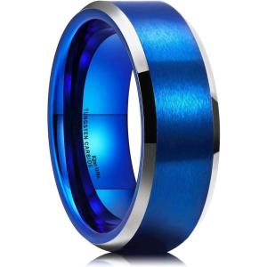 King Will Basic Unisex Silver/Black/Blue/Rose Gold/Gold/Purple Tungsten Carbide Matte Polished Finish Wedding Beveled Edge Engagement Band Ring for Men Women(Blue)
