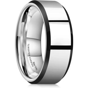 King Will Basic Unisex Silver/Black/Blue/Rose Gold/Gold/Purple Tungsten Carbide Matte Polished Finish Wedding Beveled Edge Engagement Band Ring for Men Women(Silver & Black)