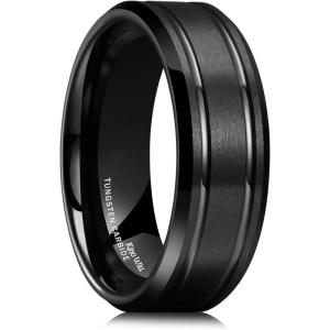 King Will Basic Unisex Silver/Black/Blue/Rose Gold/Gold/Purple Tungsten Carbide Matte Polished Finish Wedding Beveled Edge Engagement Band Ring for Men Women(Black-2 Grooved Lines)