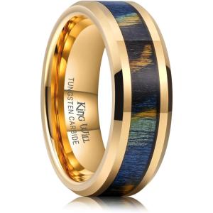 King Will Black Tungsten Wedding Band For Men, 8mm Promise Ring Inlay Red Twill Pattern/Colorful Wood Chips, High Polished Beveled Edge – Suitable For Daily Wear, Comfort Fit Size 7-14(Colorful Wood Chips-Gold)