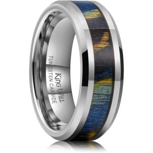 King Will Black Tungsten Wedding Band For Men, 8mm Promise Ring Inlay Red Twill Pattern/Colorful Wood Chips, High Polished Beveled Edge – Suitable For Daily Wear, Comfort Fit Size 7-14(Colorful Wood Chips-Gunmetal)
