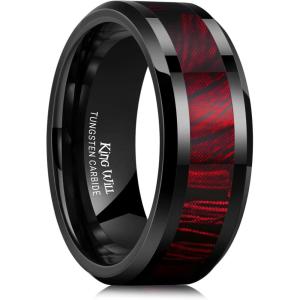 King Will Black Tungsten Wedding Band For Men, 8mm Promise Ring Inlay Red Twill Pattern/Colorful Wood Chips, High Polished Beveled Edge – Suitable For Daily Wear, Comfort Fit Size 7-14(Black-Red)