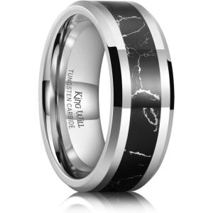 King Will Black Tungsten Wedding Band For Men, 8mm Promise Ring Inlay Red Twill Pattern/Colorful Wood Chips, High Polished Beveled Edge – Suitable For Daily Wear, Comfort Fit Size 7-14(Gunmetal-Black)
