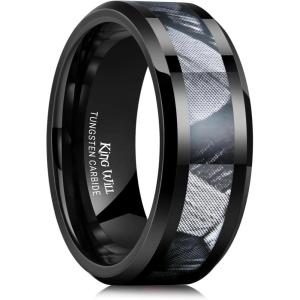 King Will Black Tungsten Wedding Band For Men, 8mm Promise Ring Inlay Red Twill Pattern/Colorful Wood Chips, High Polished Beveled Edge – Suitable For Daily Wear, Comfort Fit Size 7-14(Black-Gray)