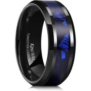 King Will Black Tungsten Wedding Band For Men, 8mm Promise Ring Inlay Red Twill Pattern/Colorful Wood Chips, High Polished Beveled Edge – Suitable For Daily Wear, Comfort Fit Size 7-14(Black-Blue)