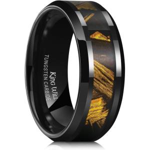 King Will Black Tungsten Wedding Band For Men, 8mm Promise Ring Inlay Red Twill Pattern/Colorful Wood Chips, High Polished Beveled Edge – Suitable For Daily Wear, Comfort Fit Size 7-14(Black-Gold)
