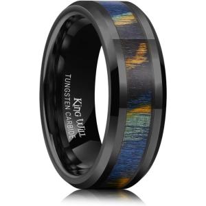 King Will Black Tungsten Wedding Band For Men, 8mm Promise Ring Inlay Red Twill Pattern/Colorful Wood Chips, High Polished Beveled Edge – Suitable For Daily Wear, Comfort Fit Size 7-14(Colorful Wood Chips-Black)