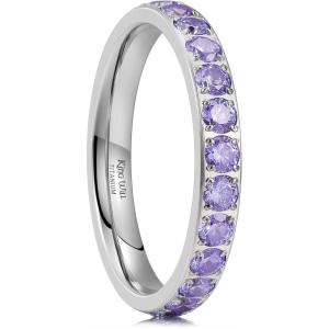 King Will CZ Simulate Diamond Stackable Rings for Women, Full Eternity Wedding Band, 3mm Titanium Silver/Gold/Rose Gold Plated Pink Cubic Zirconia Anniversary ring, Hypoallergenic & Comfort Fit(Silver with 3mm Violet CZ)