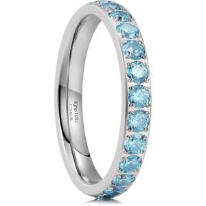 King Will CZ Simulate Diamond Stackable Rings for Women, Full Eternity Wedding Band, 3mm Titanium Silver/Gold/Rose Gold Plated Pink Cubic Zirconia Anniversary ring, Hypoallergenic & Comfort Fit(Silver with 3mm Blue CZ)