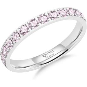 King Will CZ Simulate Diamond Stackable Rings for Women, Full Eternity Wedding Band, 3mm Titanium Silver/Gold/Rose Gold Plated Pink Cubic Zirconia Anniversary ring, Hypoallergenic & Comfort Fit(Silver with 3mm Pink CZ)
