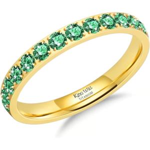 King Will CZ Simulate Diamond Stackable Rings for Women, Full Eternity Wedding Band, 3mm Titanium Silver/Gold/Rose Gold Plated Pink Cubic Zirconia Anniversary ring, Hypoallergenic & Comfort Fit(Gold with 3mm Green CZ)