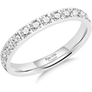 King Will CZ Simulate Diamond Stackable Rings for Women, Full Eternity Wedding Band, 3mm Titanium Silver/Gold/Rose Gold Plated Pink Cubic Zirconia Anniversary ring, Hypoallergenic & Comfort Fit(Silver with 3mm Clear CZ)