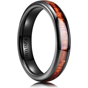King Will Ceramic Wedding Band for Men Women-3-8 mm Width Black, Rose Gold Wedding Ring Domed Style with Brown/Green Koa Wood Inlay Comfort Fit Size 7-14(Black-4mm)