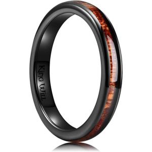 King Will Ceramic Wedding Band for Men Women-3-8 mm Width Black, Rose Gold Wedding Ring Domed Style with Brown/Green Koa Wood Inlay Comfort Fit Size 7-14(Black-3mm)