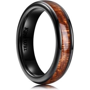 King Will Ceramic Wedding Band for Men Women-3-8 mm Width Black, Rose Gold Wedding Ring Domed Style with Brown/Green Koa Wood Inlay Comfort Fit Size 7-14(Black-5mm)