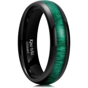 King Will Ceramic Wedding Band for Men Women-3-8 mm Width Black, Rose Gold Wedding Ring Domed Style with Brown/Green Koa Wood Inlay Comfort Fit Size 7-14(Green-6mm)